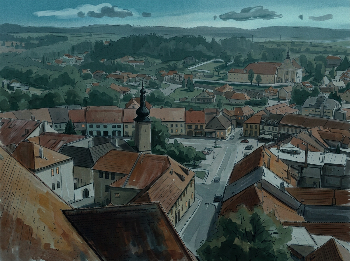 A quiet Central European village at dusk